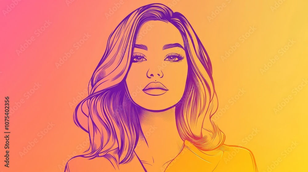 Line art illustration featuring a warm gradient design of a cartoon female character Line art illustration featuring a warm gradient design of a cartoon female character