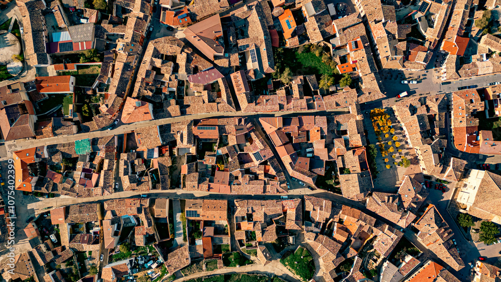 Obraz premium A detailed aerial shot of Astudillo, Spain, showing the intricate layout of rooftops, narrow streets, and charming medieval architecture from above.