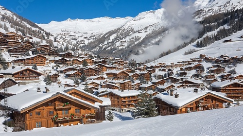 A Swiss Village Nestled in Snowy Mountains photo