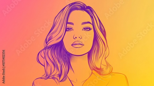 Line art illustration featuring a warm gradient design of a cartoon female character