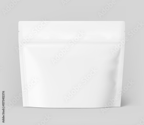 Realistic stand up pouch bag with zip lock mockup with transparent shadow. Front view. Vector illustration isolated on grey background. Ready for your design. EPS10.	