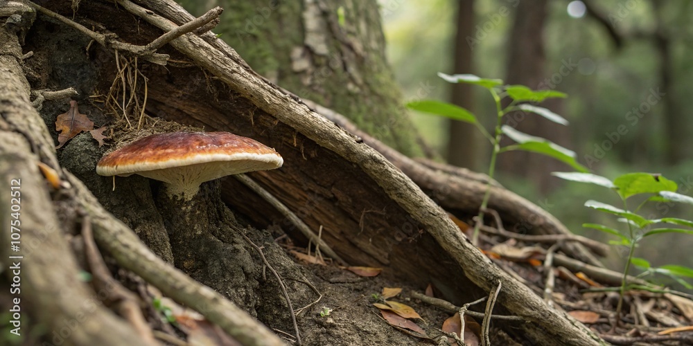 Naklejka premium Lingzhi mushroom growing in a network of tree roots on weathered tree trunk, forest floor details, woodland atmosphere, fungal morphology