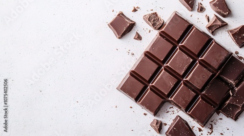 Delicious Chocolate Bar Isolated on White Background with Pieces and Crumbs for Culinary, Dessert and Snack Related Themes photo