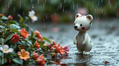 Pawn standing alone in the rain, surrounded by wet flowers, wetflowers, isolated object, solitary figure photo