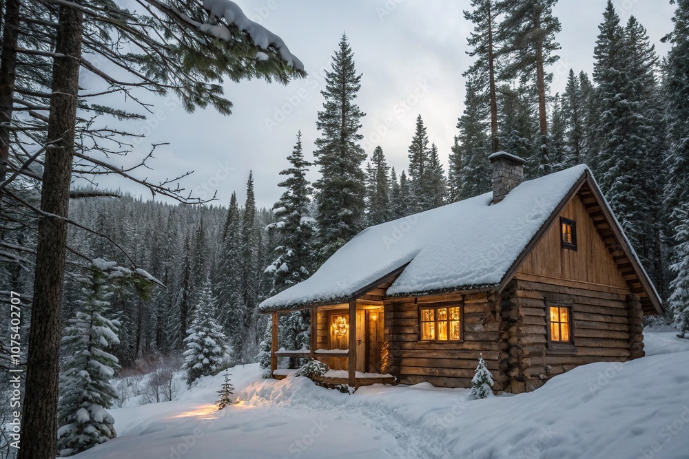 Rustic wooden cabin nestled among tall pine trees with a snow-covered roof and a warm glowing fireplace, snowdrifts, winter retreat