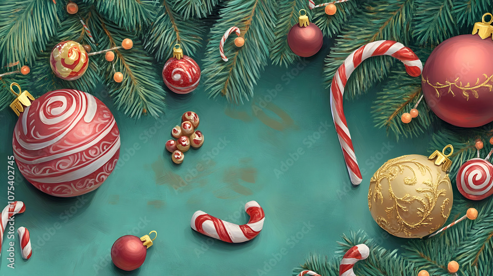 A festive arrangement of ornaments and candy canes on a teal surface, evoking holiday cheer. A festive arrangement of ornaments and candy canes on a teal surface, evoking holiday cheer.