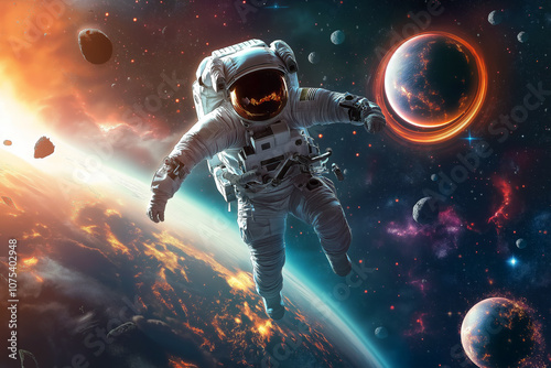 An astronaut floating above a colorful, vibrant alien planet with rings, surrounded by stars and distant galaxies.