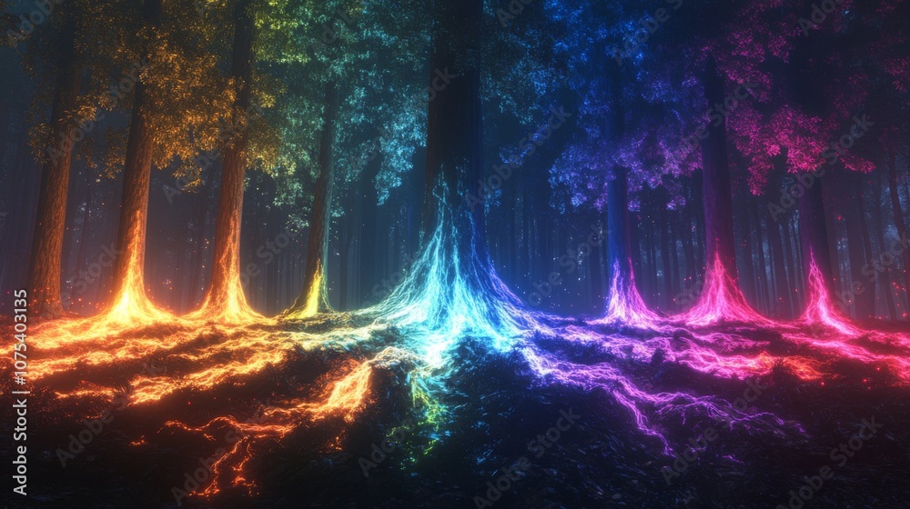 Obraz premium Glowing Tree Roots in a Mystical Forest