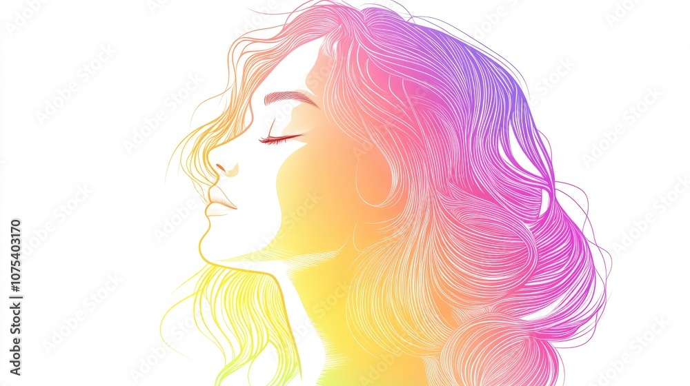 Line art illustration featuring a rainbow gradient depicting a cartoon woman Line art illustration featuring a rainbow gradient depicting a cartoon woman