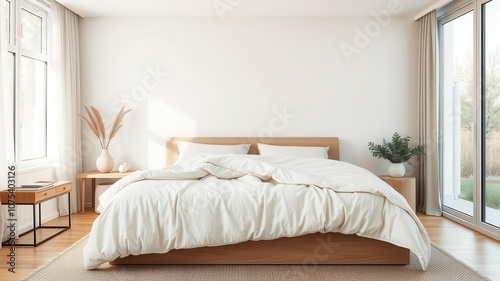 A cozy and inviting bedroom with soft, neutral colors, plush bedding, and a large window letting in natural light, cozy, bedroom, plush bedding