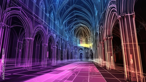 Line art illustration of a videomapping installation featuring point line and surface concepts displayed at a light festival in a historical church setting photo