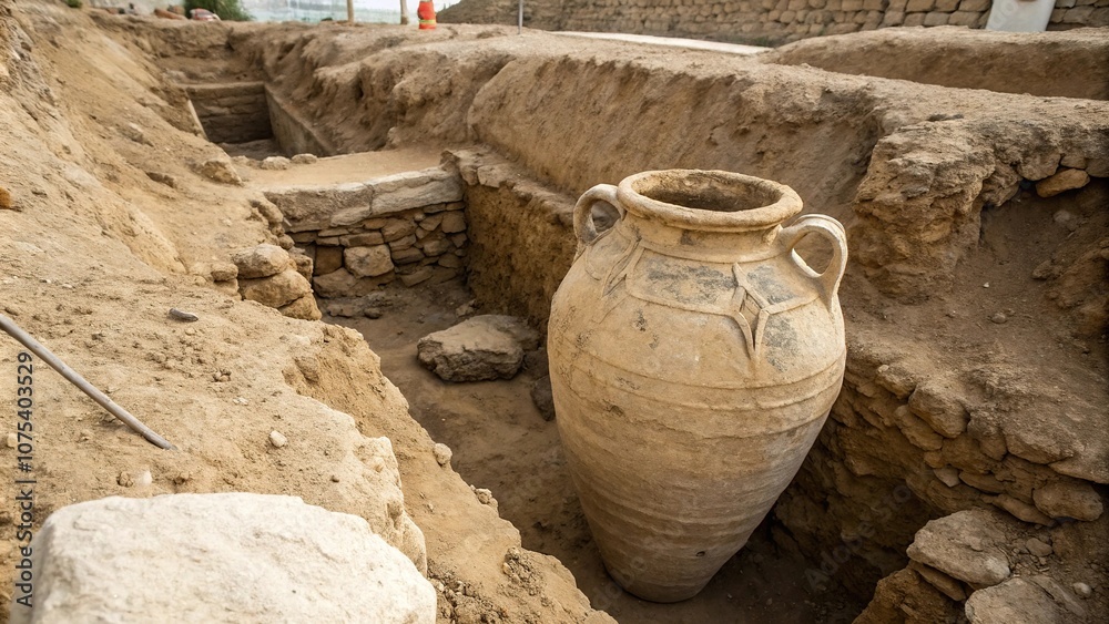 An ancient clay amphora buried in the excavation site with exposed earth around it, artifacts, antiquities, archaeology excavation, relic An ancient clay amphora buried in the excavation site with exposed earth around it, artifacts, antiquities, archaeology excavation, relic