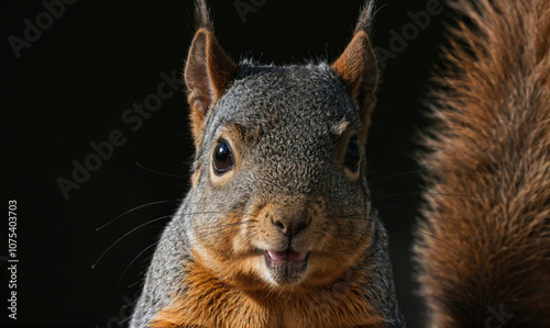 A curious squirrel stares into the camera with its bushy tail in the background