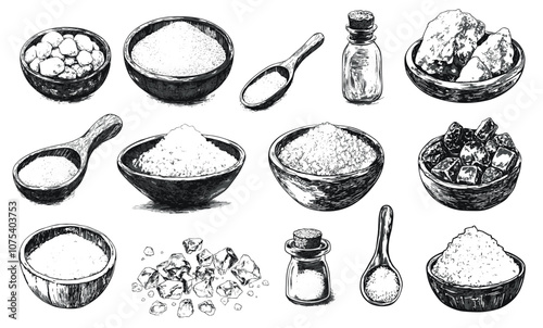 Sketch salt set. Hand drawn engraved glass bottles wooden spoons bowls with spice powder vector illustration