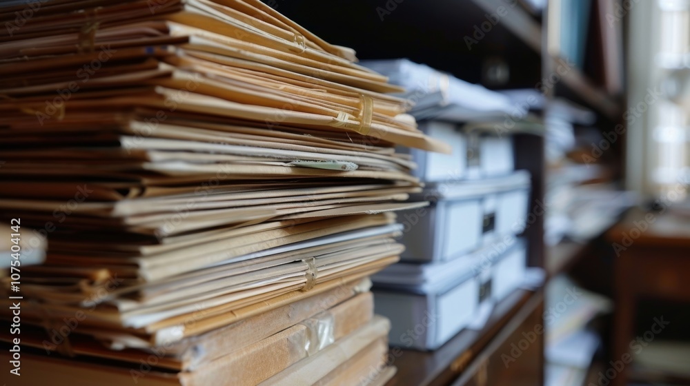 Large stack of files sits on a shelf, creating a sense of disorganization and highlighting the need for better document management. The blurred background suggests a busy office environment Large stack of files sits on a shelf, creating a sense of disorganization and highlighting the need for better document management. The blurred background suggests a busy office environment