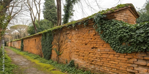 old rustic orange brick wall with ivy and moss, overgrowth, rustic photo