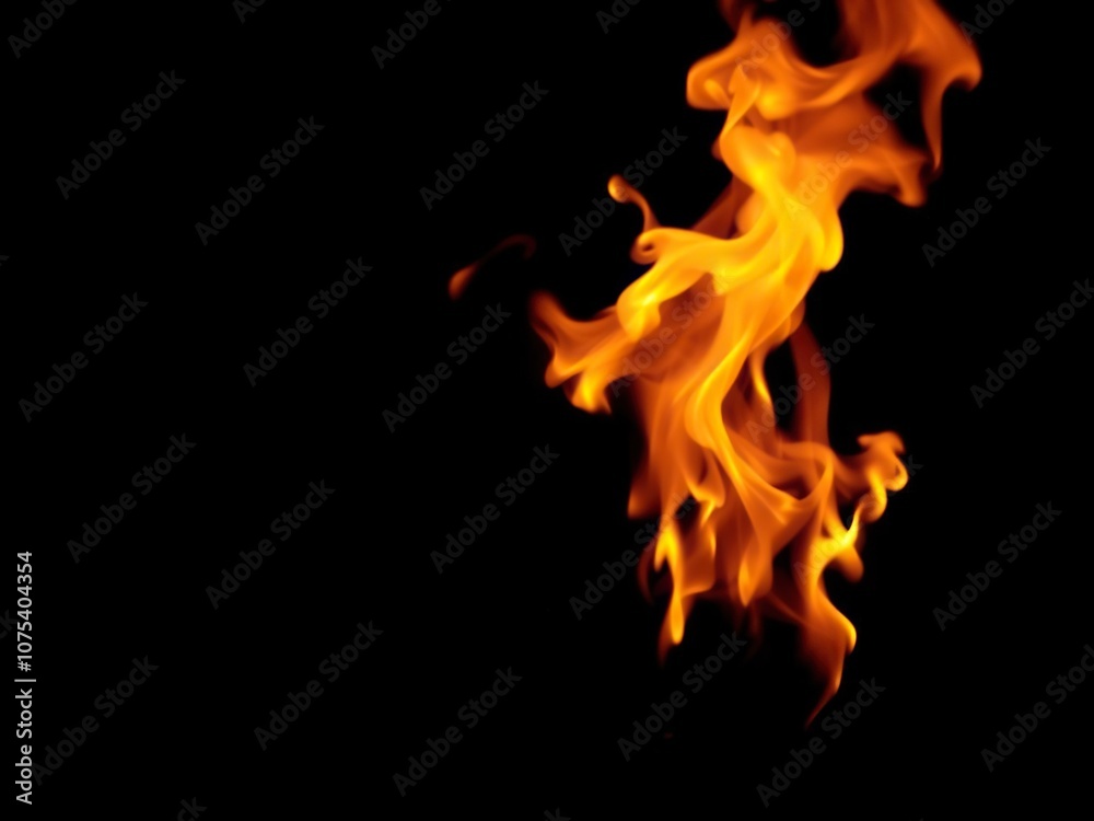 Fototapeta premium a blazing fire with dancing flames against a dark black background, intense, blazing, warm