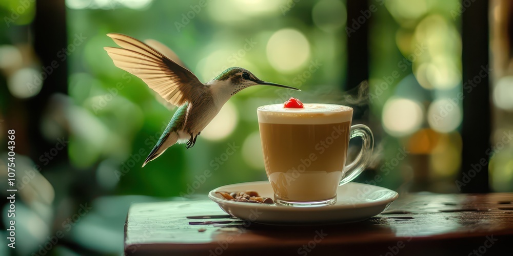 Naklejka premium Hummingbird attempting to drink from caramel latte macchiato, unique scene.