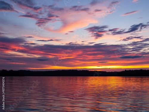 A shimmering expanse of colors and lights reflecting off the surface of a lake or river at dawn or dusk, like an ocean of shifting emotions, aquatic life, reflective surface