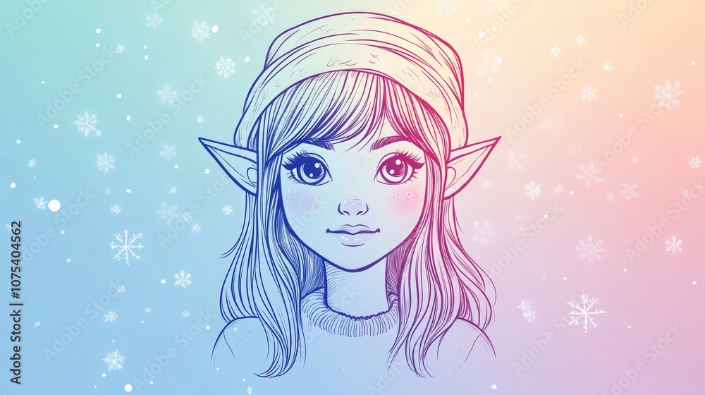 Line art illustration featuring a cool gradient of a charming cartoon elf girl in a whimsical style Line art illustration featuring a cool gradient of a charming cartoon elf girl in a whimsical style