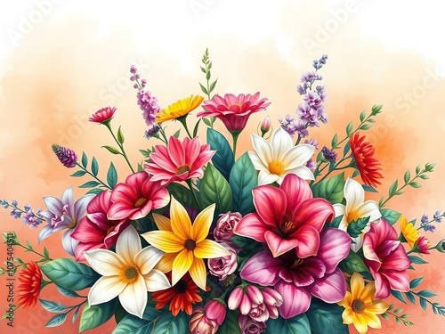 A lush and vibrant floral arrangement set against a warm and colorful watercolor background, bohemian style, whimsical designs, outdoor scenes