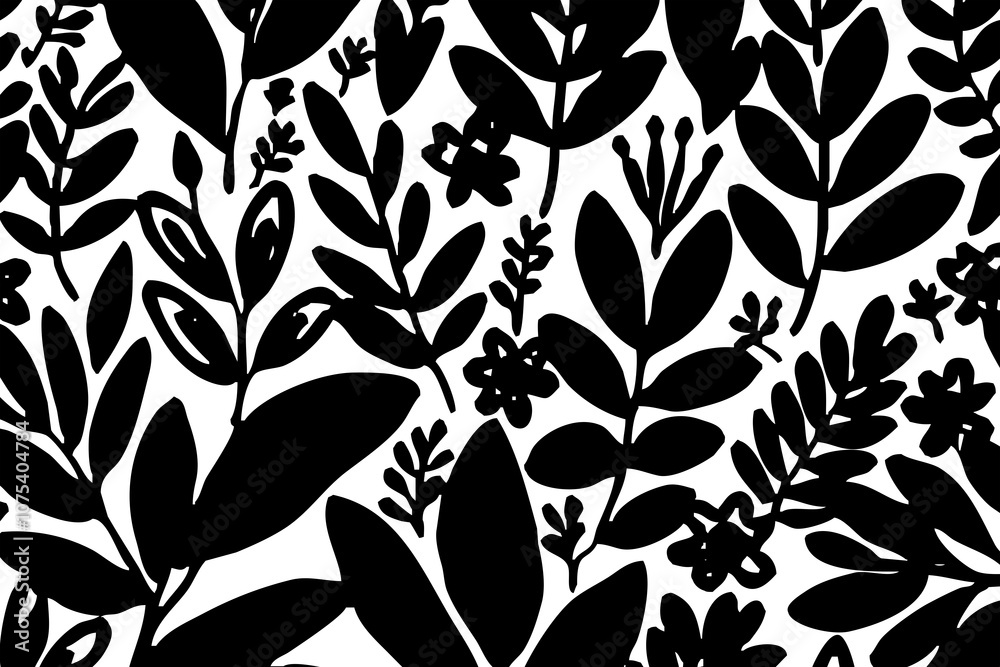 Black and white botanical pattern. For use in graphics, materials. Abstract plant shapes. Black and white botanical pattern. For use in graphics, materials. Abstract plant shapes.