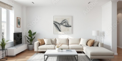 A modern living room with minimalist decor, featuring a sleek white sofa, geometric coffee table, and abstract art on the walls, modern, interior, white