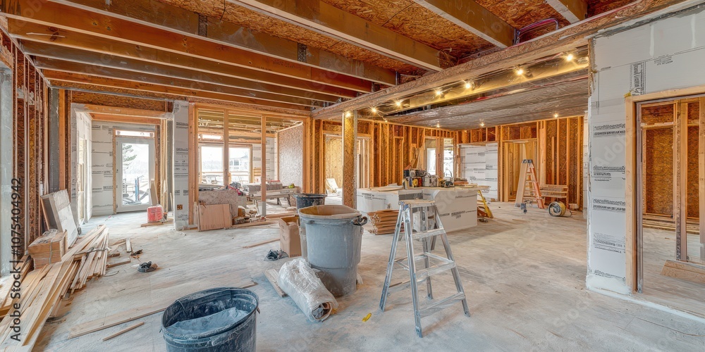 Obraz premium Room or apartment under construction with visible remodeling tools, copy space for design.
