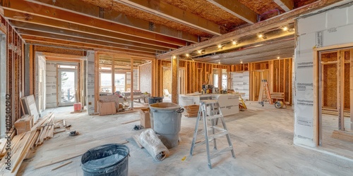 Room or apartment under construction with visible remodeling tools, copy space for design.