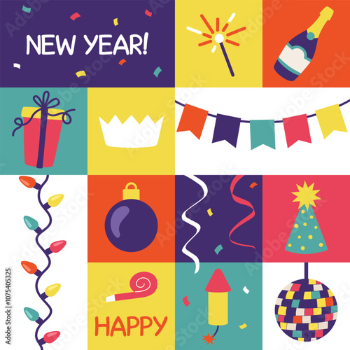 New Year celebration seamless pattern. New Year Eve party geometric background in cartoon flat style