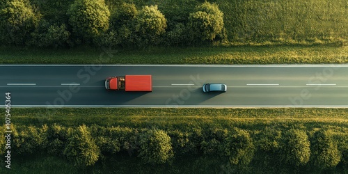 Car violating traffic rule by overtaking truck on continuous line road, rule-breaking theme.