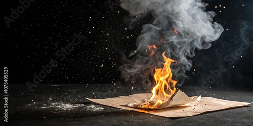 A burning piece of paper with a fierce flame engulfing its surface, surrounded by an explosion of dark smoke against a black backdrop, smoldering embers, flames, pyre, blaze photo