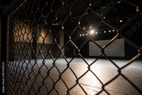 A dimly lit abstract background with a intricate metal mesh pattern emerges from the shadows, industrialdecor, darklight, abstractbackground, metalmesh, urbanlandscape photo