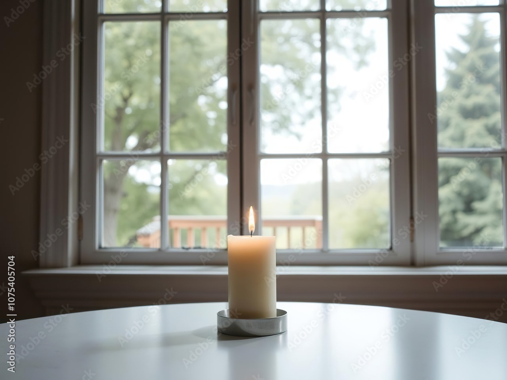 Fototapeta premium A single pillar candle sits atop a table in front of a window with a view of the outdoors, sunlight, warm illumination, shadow