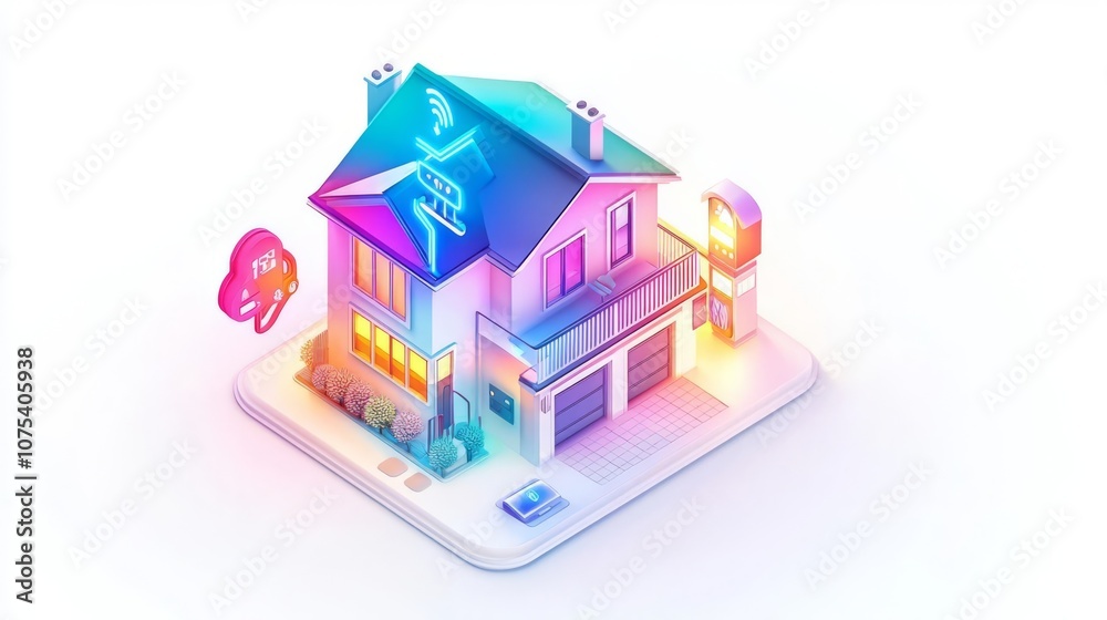 A vibrant, futuristic house illustration with colorful lights and modern design, perfect for digital or real estate themes. A vibrant, futuristic house illustration with colorful lights and modern design, perfect for digital or real estate themes.