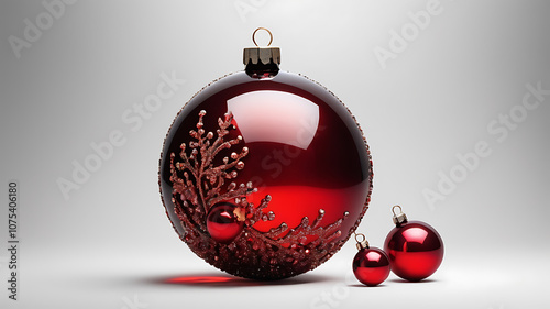 A vintage festive Christmas arrangements buble with red stones. Beautiful decoration for happy new year holidays background.