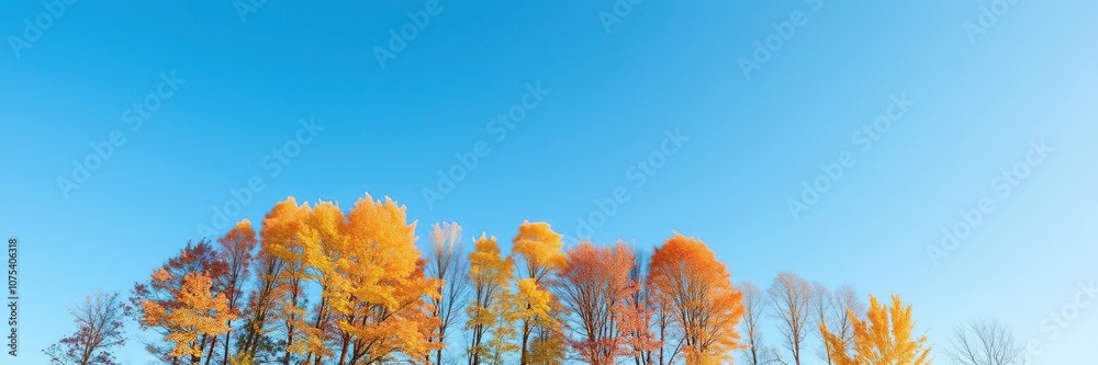 Tall autumn trees standing in a diagonal line against the clear blue sky, autumn leaves, earth tones, fall colors