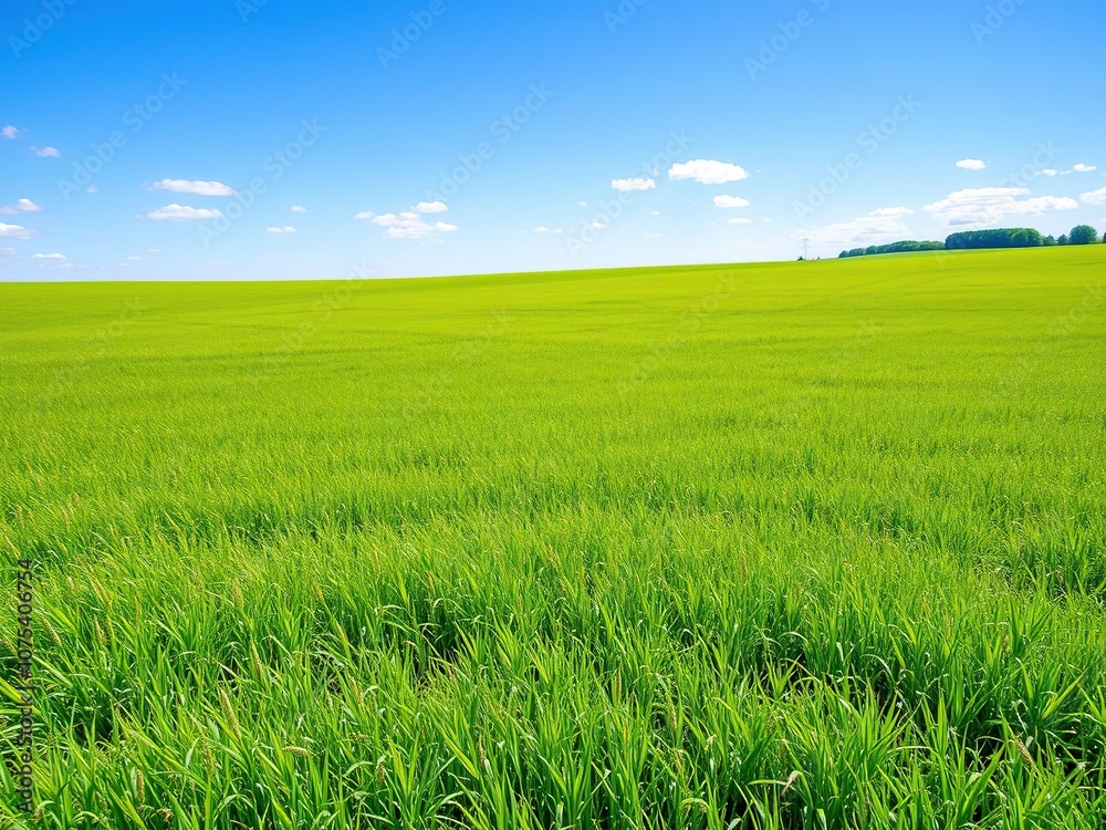 A vast expanse of lush green meadow fields under a bright blue sky on a sunny day in the English countryside, rural views, rolling hills, blue sky A vast expanse of lush green meadow fields under a bright blue sky on a sunny day in the English countryside, rural views, rolling hills, blue sky