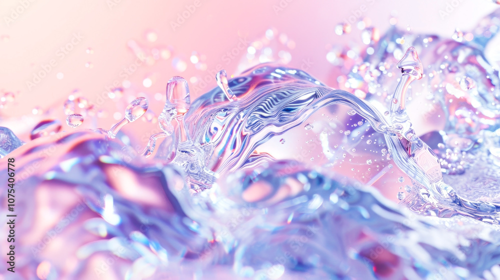 Iridescent splash of water in soft pink and blue light Iridescent splash of water in soft pink and blue light
