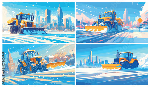 Snow plow tractor. Cartoon winter city street storm clearing services equipment scene set vector illustration