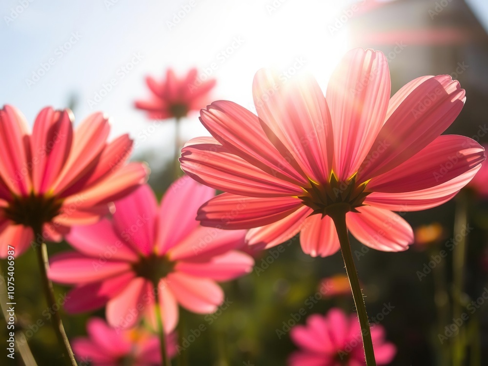 Detailed shot of individual cosmos flowers facing the sun with radiant sunlight illuminating their delicate petals and textures, cosmos, flower Detailed shot of individual cosmos flowers facing the sun with radiant sunlight illuminating their delicate petals and textures, cosmos, flower