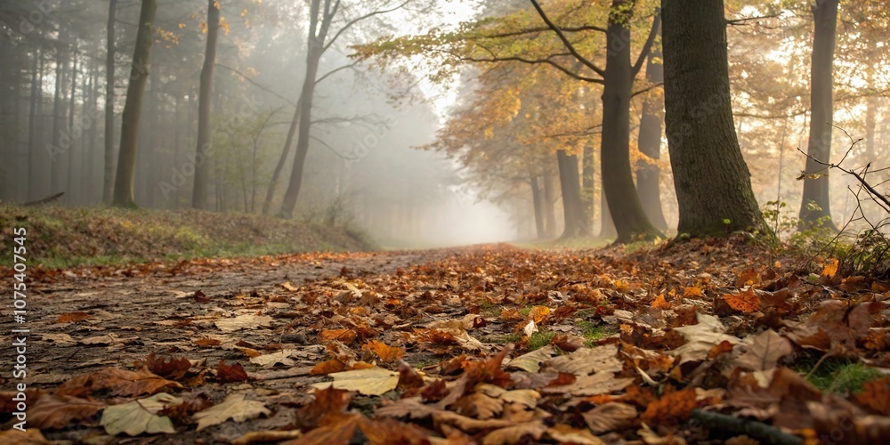 Fototapeta premium A faint mist rises from the forest floor, veiling the autumn leaves in a soft, ethereal glow, earthy tones, misty atmosphere