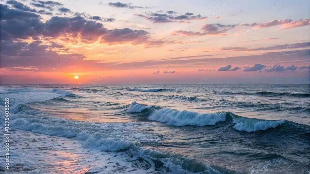 Fototapeta premium A serene ocean landscape with a faintly glowing sunset behind waves, twilight, sailing, nautical