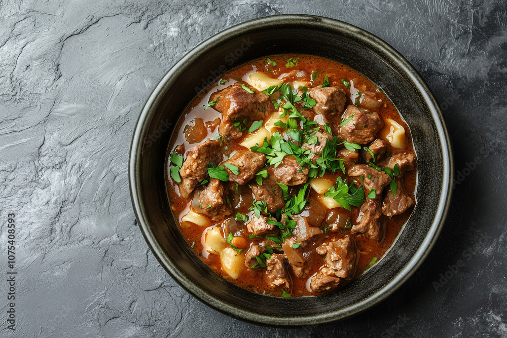 Hearty beef stew with tender meat and fresh herbs served in a rustic black bowl on a dark countertop. Generative AI Hearty beef stew with tender meat and fresh herbs served in a rustic black bowl on a dark countertop. Generative AI