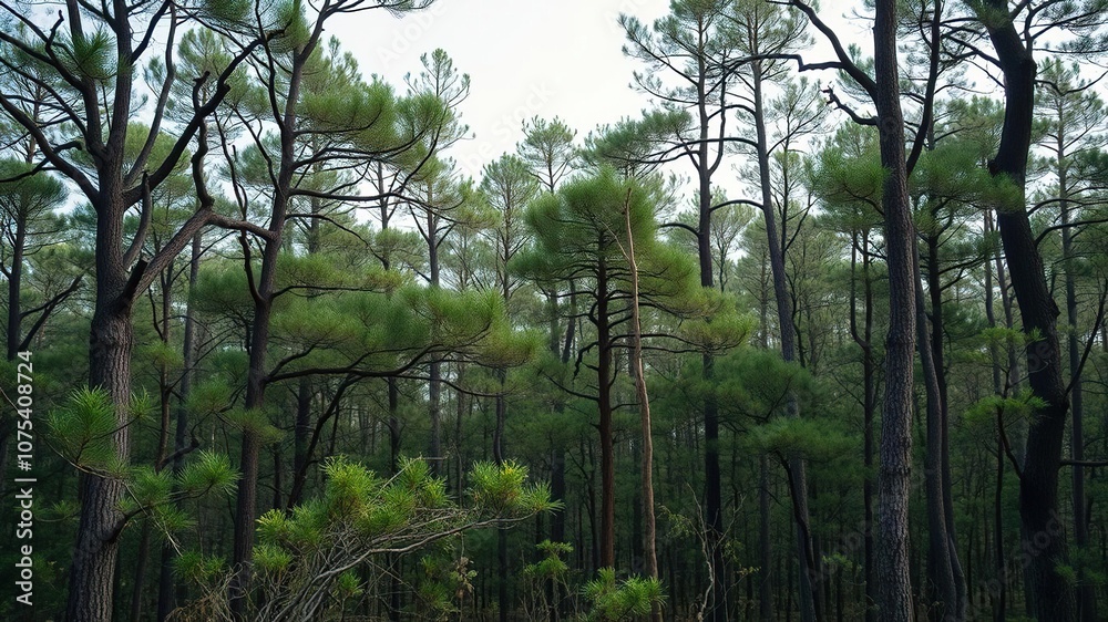 Naklejka premium Dense thicket of early trees in a prehistoric forest, arboreal life, undergrowth, mosses