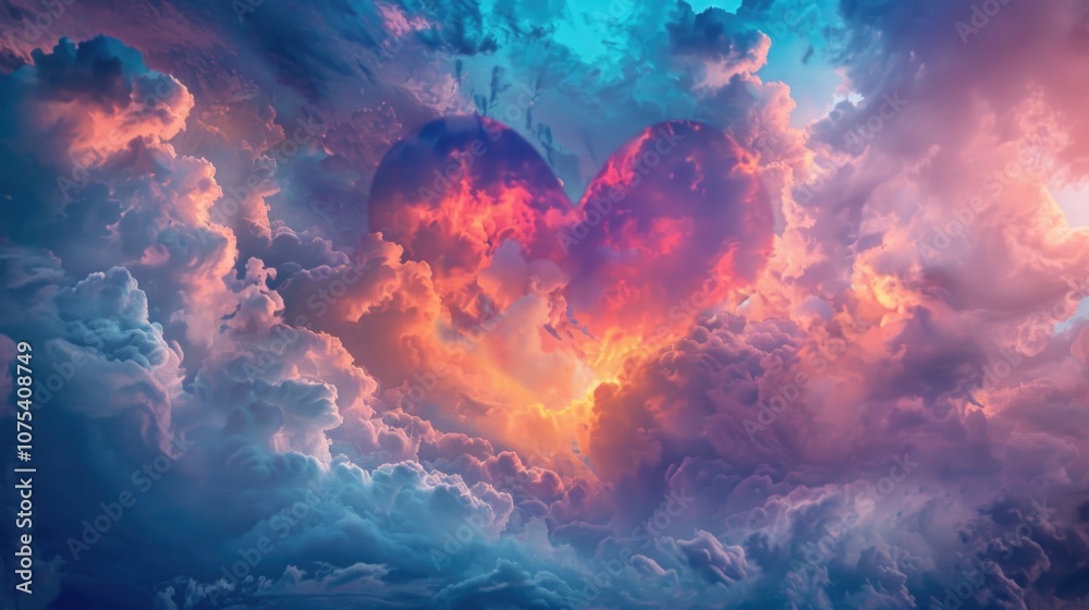 Heart Ai. Abstract Valentine Heart Shape in Blue Sky with Clouds Background