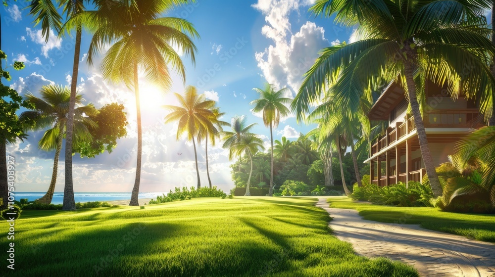 Home With Palm Trees. Sunlit American House Surrounded by Tropical Greenery Home With Palm Trees. Sunlit American House Surrounded by Tropical Greenery