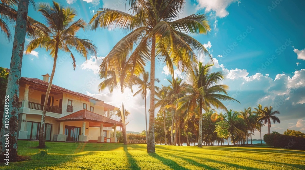 Fototapeta premium Home With Palm Trees. American House Surrounded by Palm Trees and Lush Green Grass Under Sunny Sky