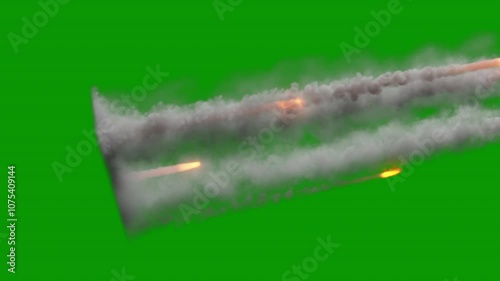 Video of a multiple rocket launcher firing missiles, two speeds included, transparent background from green screen, 30p photo