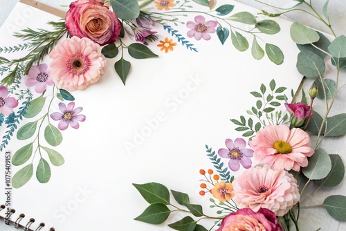 Whimsical floral print with watercolor-style flowers and foliage, whimsical, floral, creative, feminine